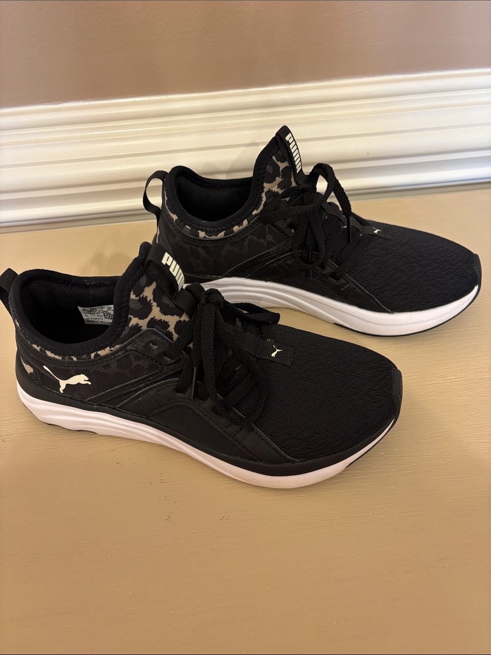Puma Black Athletic Sneakers with White Midsole and leopard Collar